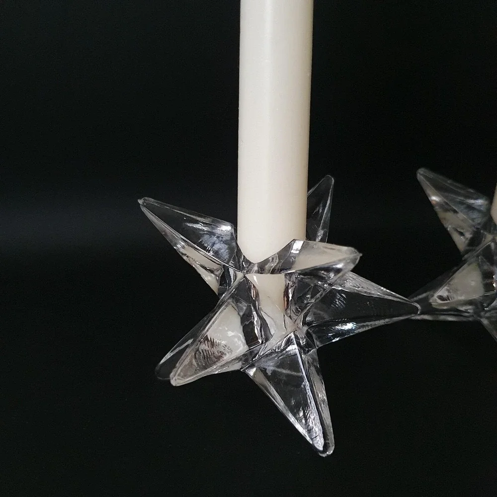 2 Vintage MCM Atomic Sparkling Glass 9-Point Star Shaped Candle Holders